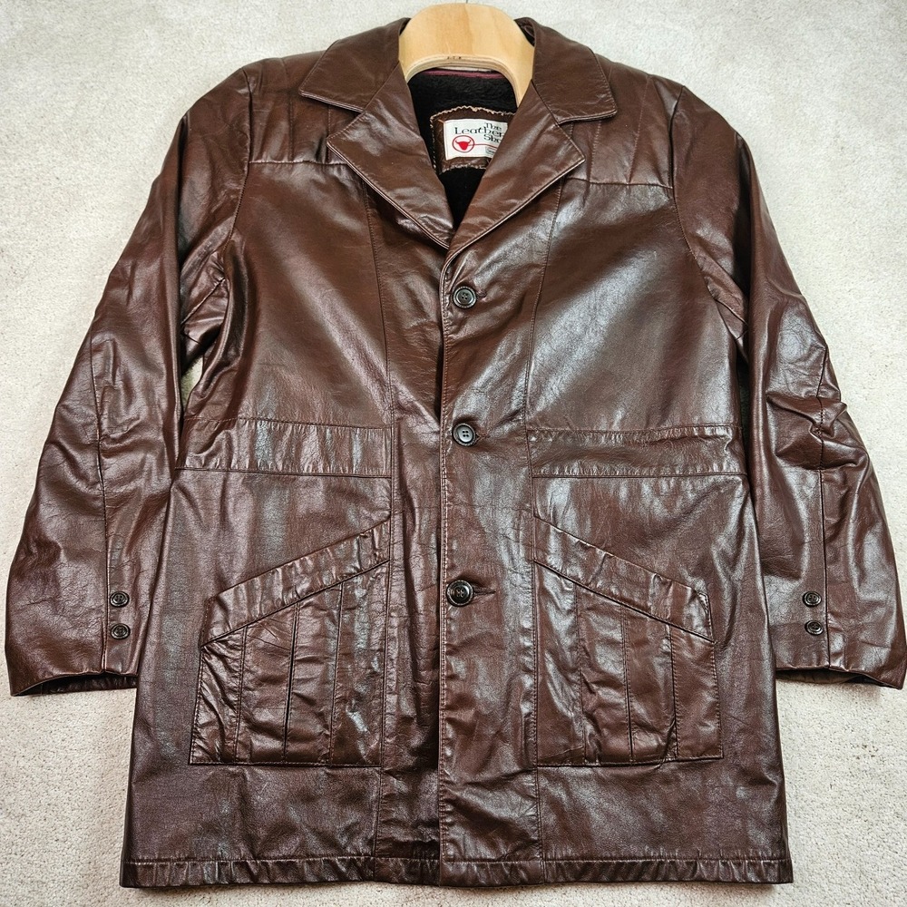 VTG 70s Men 44 Tall XL Sears The Leather Shop Leather Car Coat Brown Plaid Lined